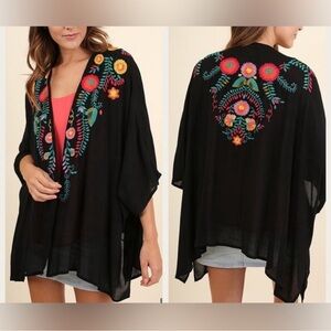 Umgee Black Open Front Colorful Embroidered Boho Lightweight Kimono Cardigan